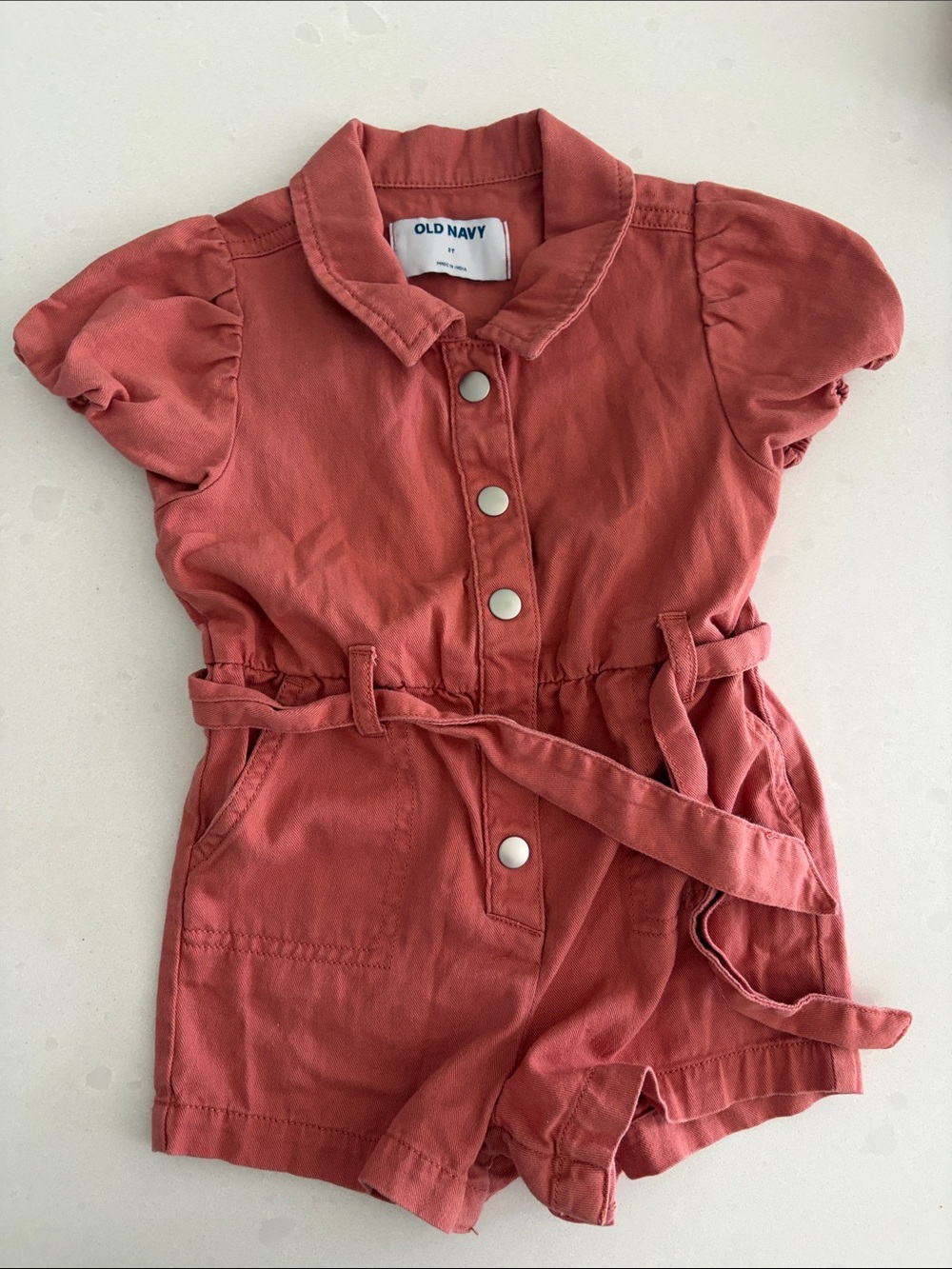 Old Navy Dark Pink Toddler Girl Button-Front Romper with Tie Waist